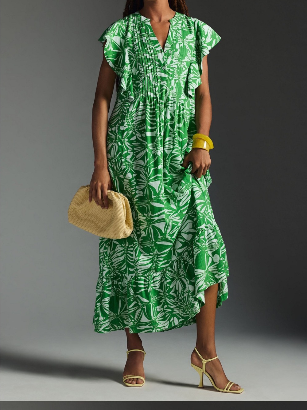 Green Tropical Print Flutter-Sleeve Midi Dress